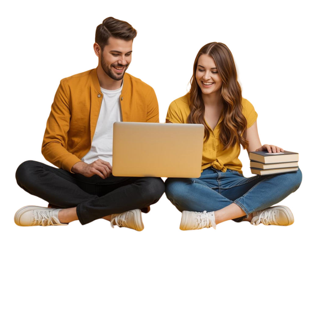 oung couple studying online together using textbooks and a laptop