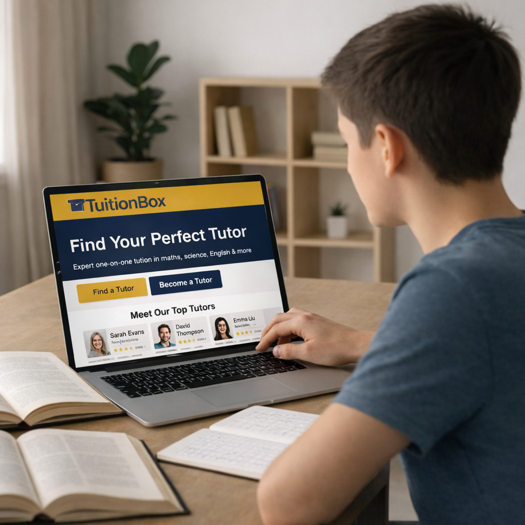 Student browsing the TuitionBox website on a laptop, with textbooks and notes open during focused home study.