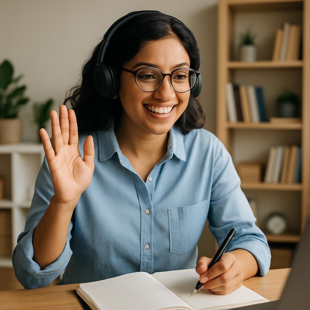 Tutor holding her hand up 