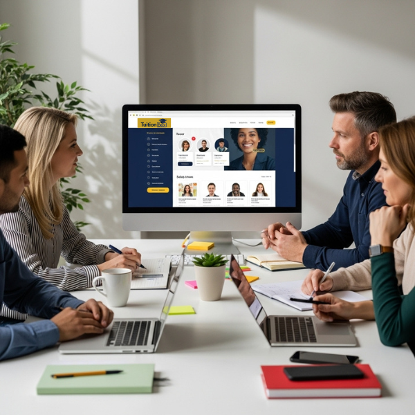 Educators and learners reviewing the TuitionBox online tutoring platform during a collaborative planning session