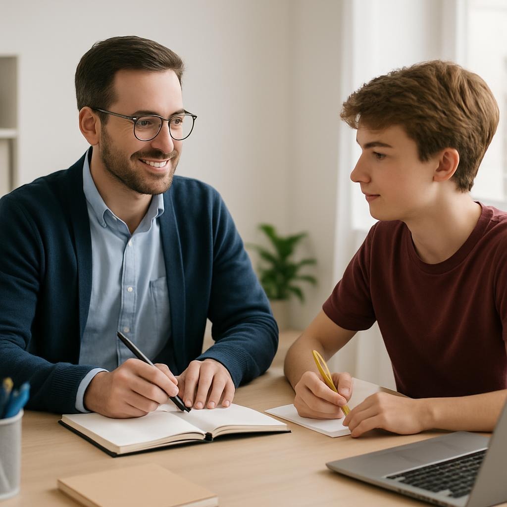 A tutor and student working together at a desk in a calm, well-lit learning environment.