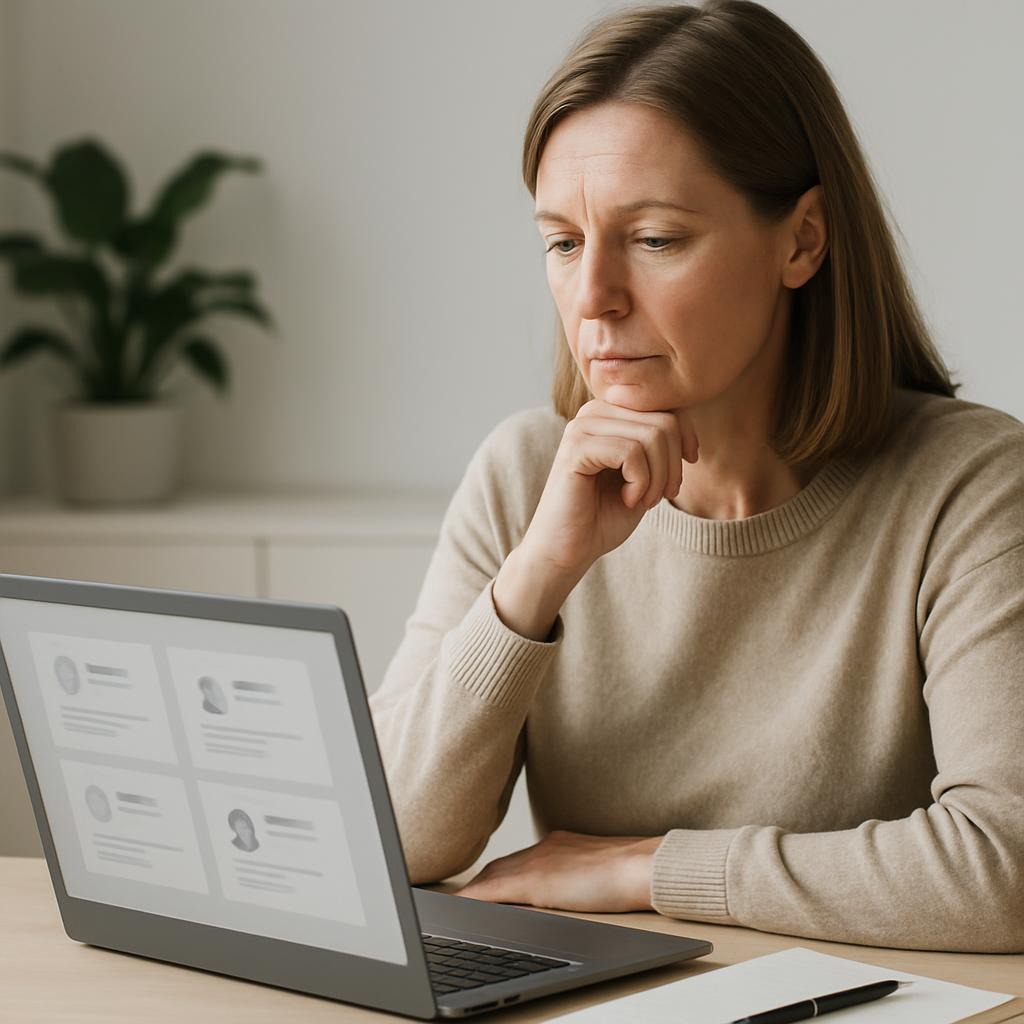  A professional reviewing tutor profiles on a laptop in a calm, well-lit workspace.
