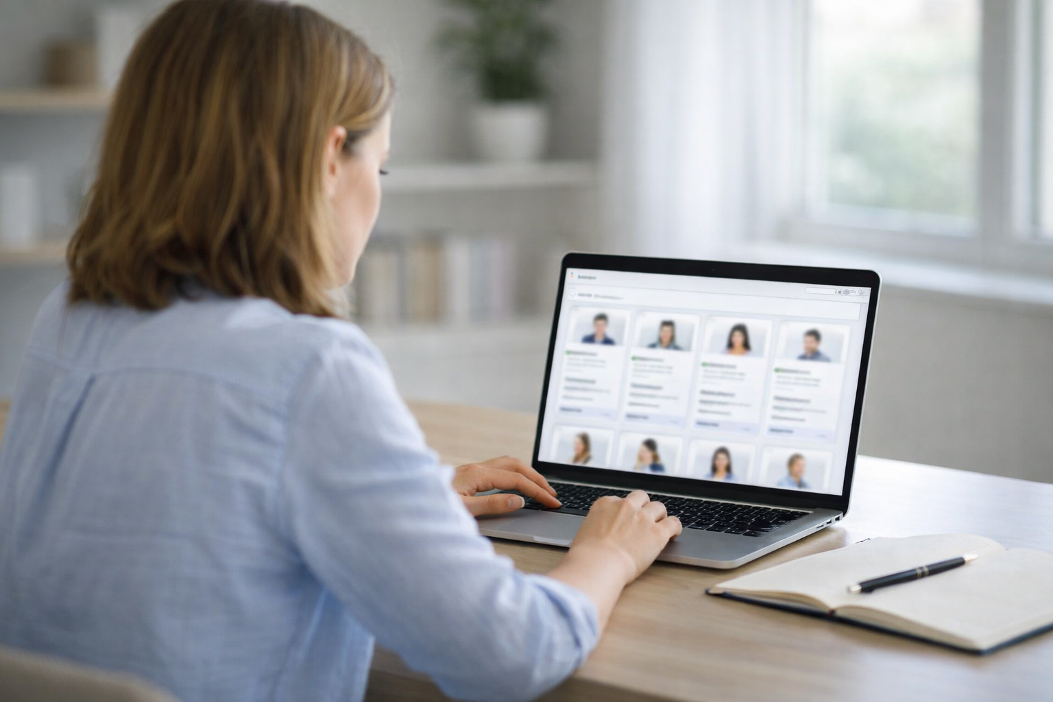 A professional reviewing tutor profiles on a laptop in a calm, well-lit workspace.