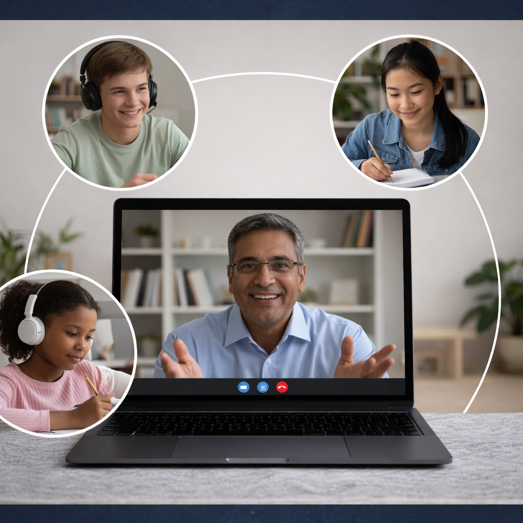 Online academic tutor teaching via video call on laptop screen, with diverse primary and secondary students studying remotely in connected circular frames.
