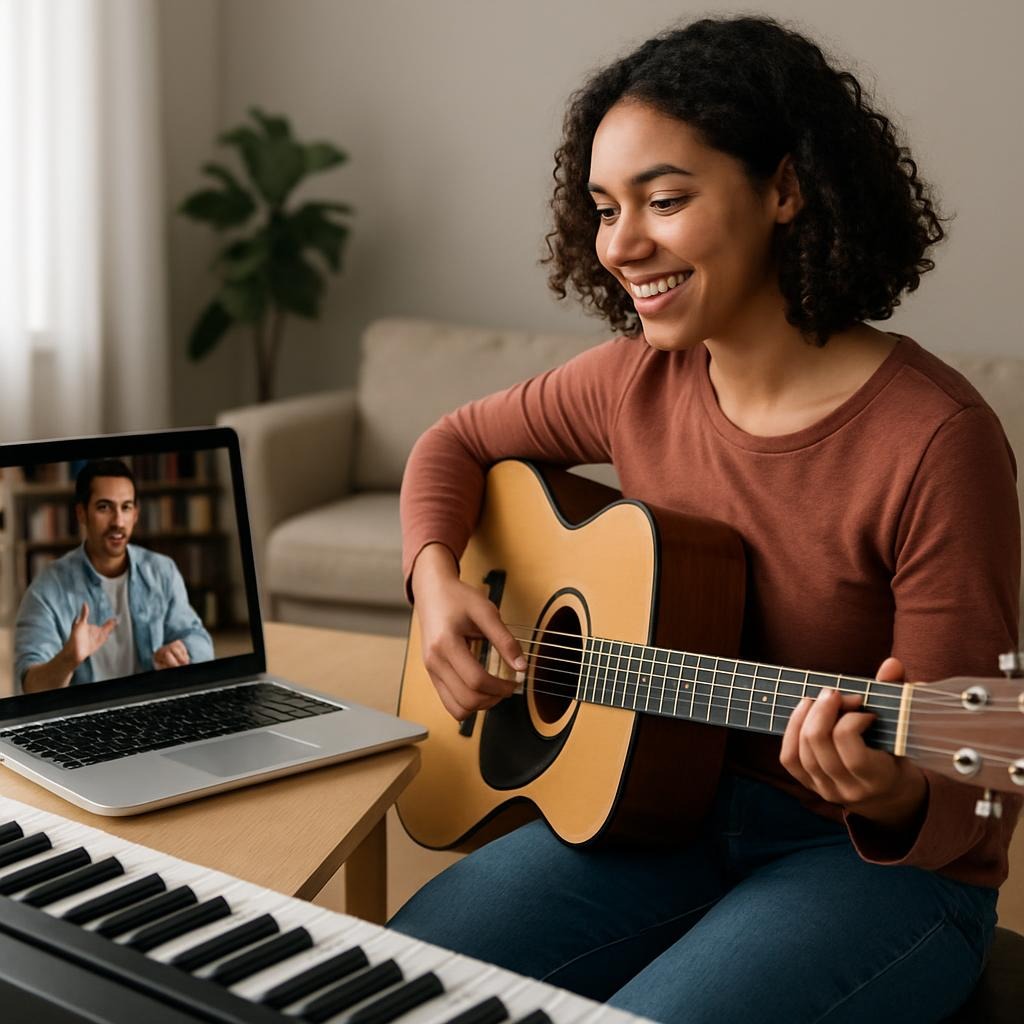 A young adult learning guitar during an online lesson, with a music tutor visible on a laptop screen in a relaxed learning environment.