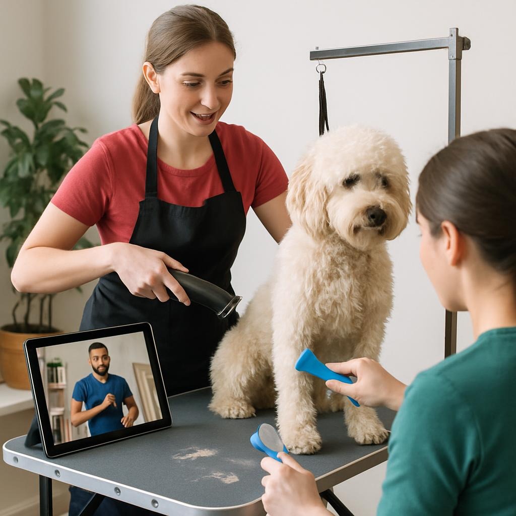 An instructor demonstrating a practical skill such as dog grooming or fitness coaching, with a learner actively practising during a guided session.
