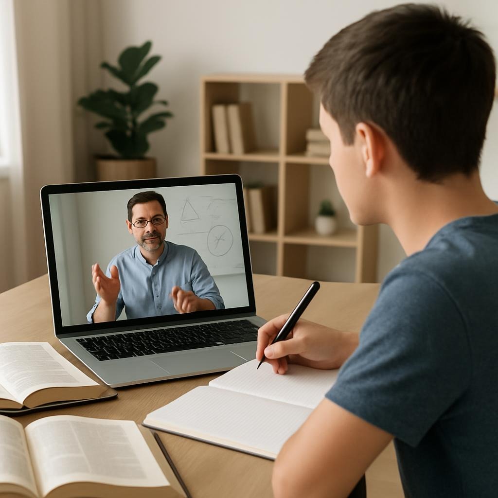 An academic tutor supporting a student during an online lesson, with textbooks and exam-style notes visible in a focused study setting.